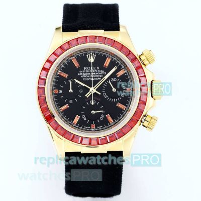 Japan-Made Replica Rolex Daytona Ruby Bezel Black Quartz Chronograph Watch 